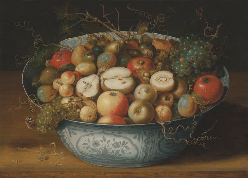 A Chinese bowl with apples, plumbs, grapes and nuts as a canvas print