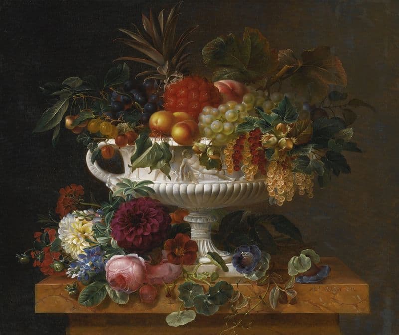 A Classical Urn with Gooseberries, Apricots, Currents, Cherries, Peaches and Pineapple set on a Flower Covered Plinth as a canvas print