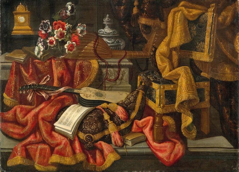 A clock, a vase of flowers, a lute, a guitar, a sheet of music, a chair, and drapes as a canvas print
