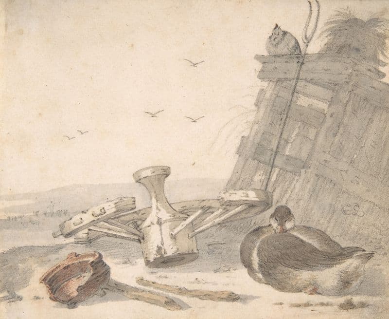 A Duck Sleeping near a Broken Wheel in a Farmyard, a Chicken beyond (17th century) as a canvas print