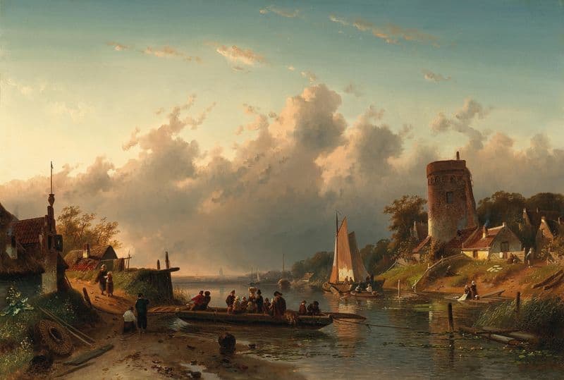 A ferry crossing a river in the evening as a canvas print
