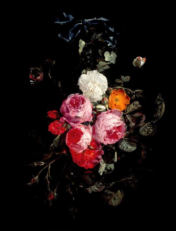 A Festoon of Roses hanging from a Blue Ribbon, with Butterflies and Insects as a canvas print
