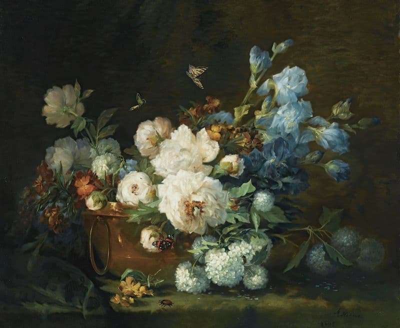 A Flower Still Life With Peonies, Irises, Hydrangea In A Copper Kettle, A Beetle And Butterflies as a canvas print
