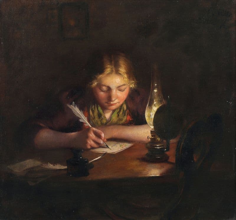 A Girl Writing by Lamp Light as a canvas print