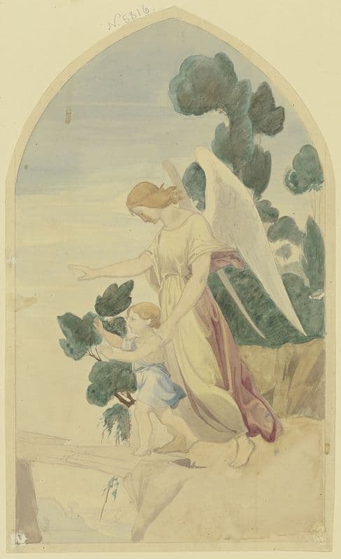 A guardian angel guides a child over a precipice as a canvas print