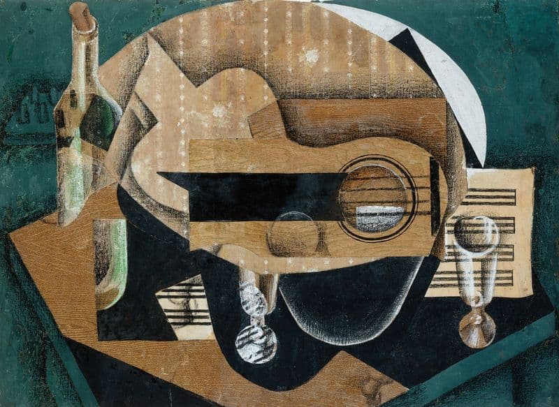 A Guitar, Glasses and a Bottle as a canvas print