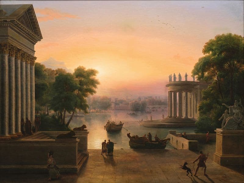 A Harbour Landscape with Temples as a canvas print