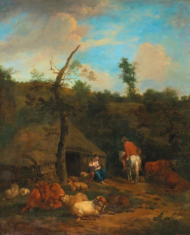 A herdsman and a shepherdess in front of a wooden farmhouse as a canvas print