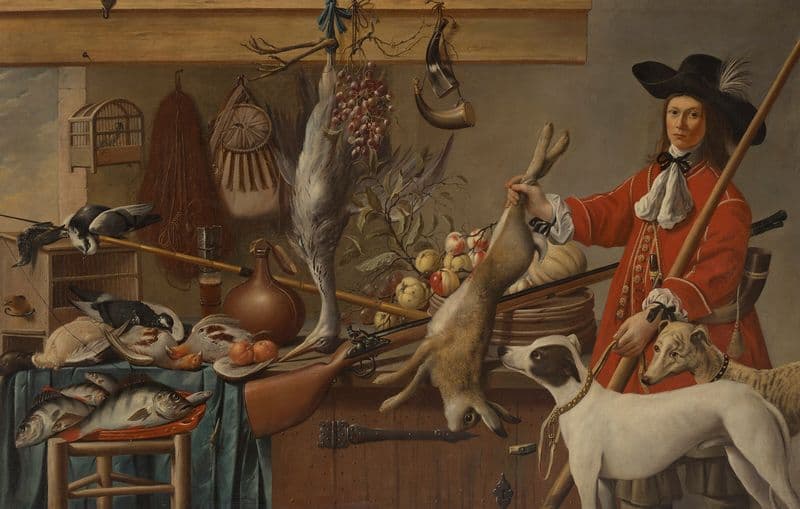 A huntsman holding a dead hare, with his two dogs as a canvas print