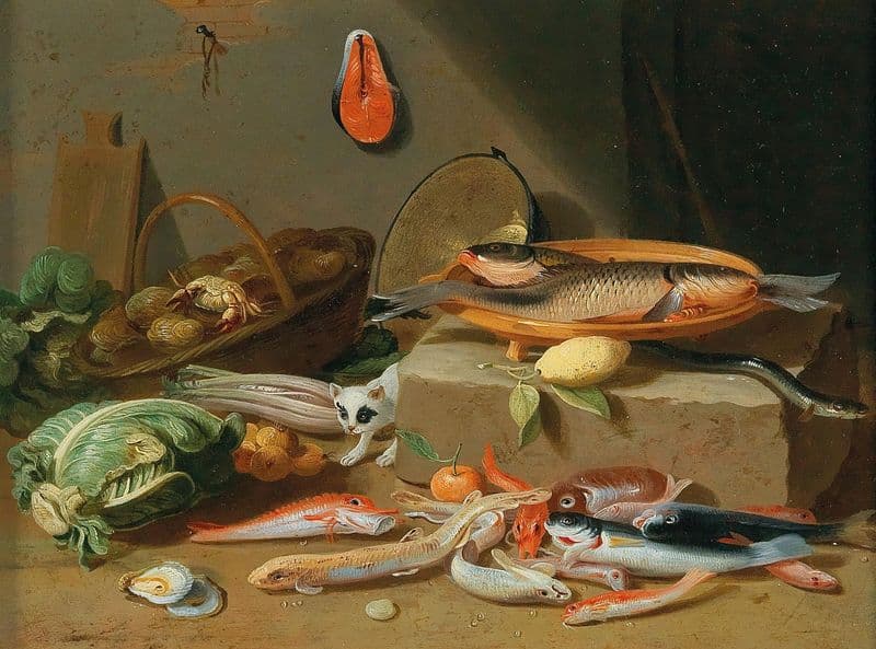 A kitchen still life with fish, vegetables and a cat as a canvas print