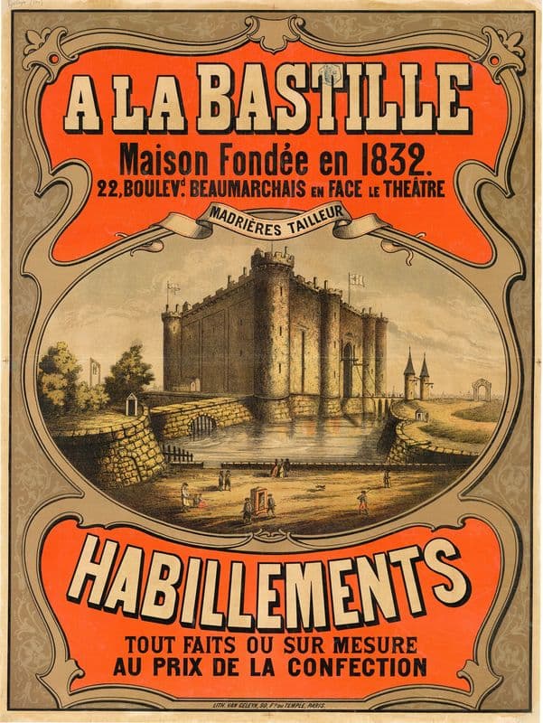 A la Bastille, maison fondée en 1832, 22 Boulevd. Beaumarchais en face le théâtre. Habillements tout faits ou sur mesure as a canvas print