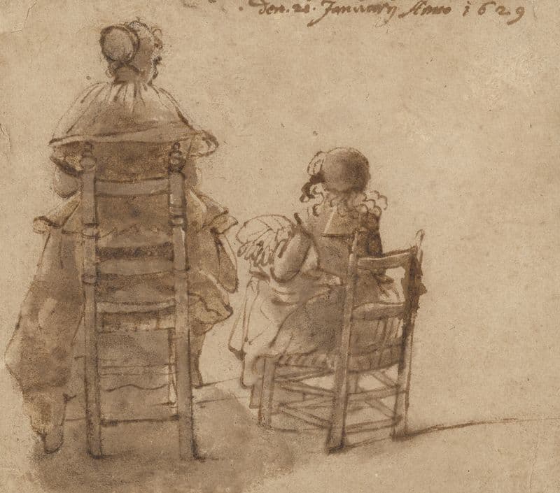 A Lady and a Child Making Lace as a canvas print