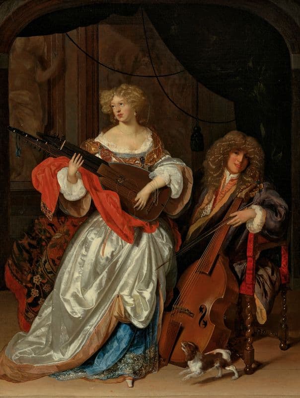 A lady playing a lute and a gentleman with a viola da gamba as a canvas print