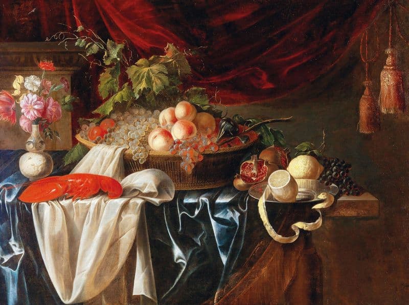A Lobster, Fruit And A Vase Of Flowers as a canvas print