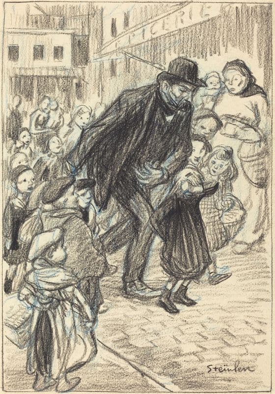 A Man on a City Street, Surrounded by Children (Un Père) as a canvas print