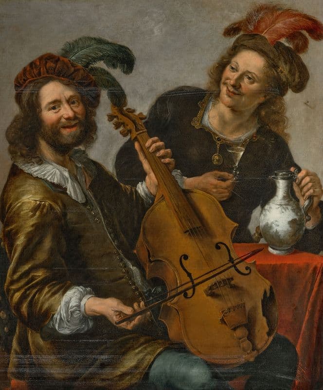 A man playing a viola da gamba being offered a glass of wine by a young man (17th century) as a canvas print