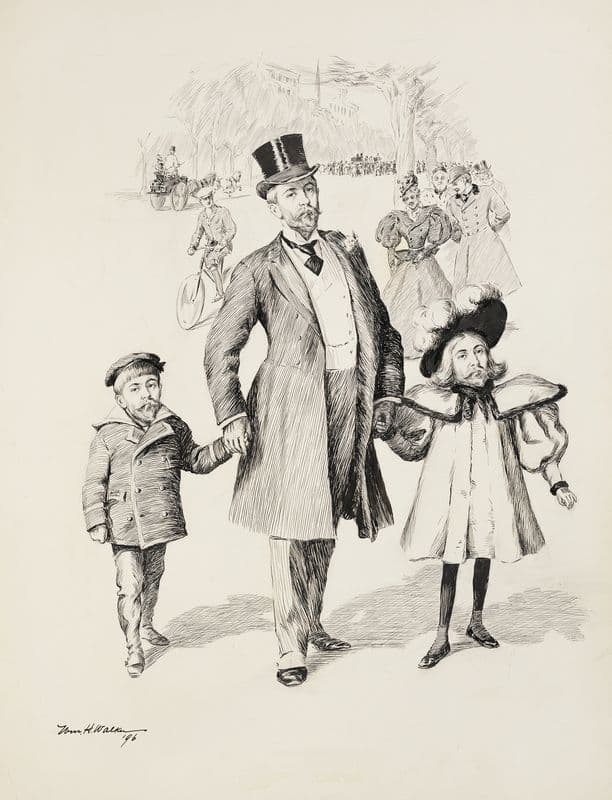A man walks in a crowded park with his young son and daughter, only both children have the same face as him. as a canvas print