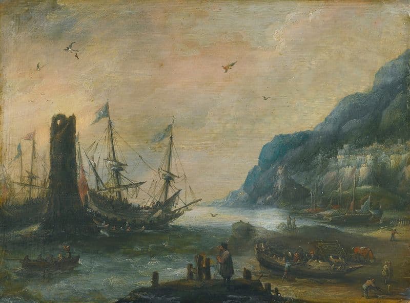 A mediterranean coastal scene with a tower, ships, and figures on the shore as a canvas print