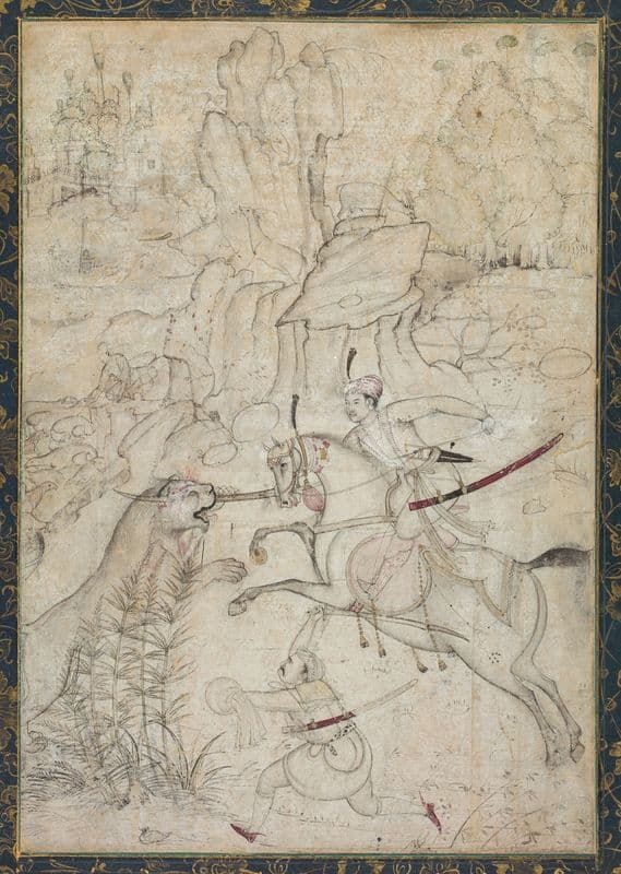 A Mounted Prince Hunting Lion in a Rocky Landscape (c. 1600) as a canvas print