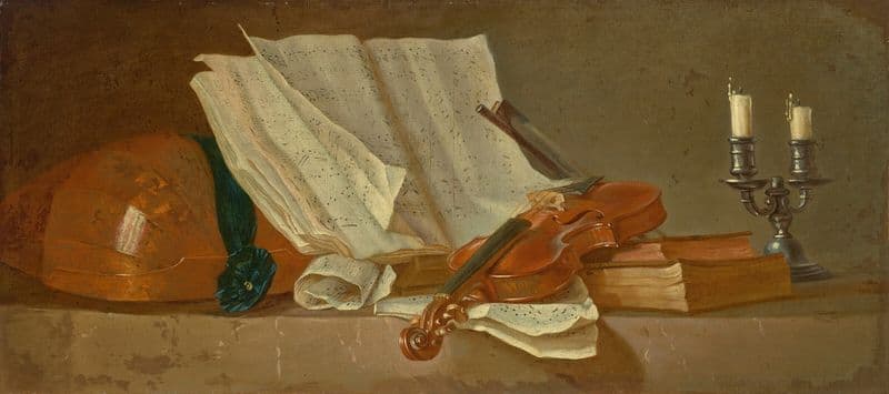 A musical score on a reading stand, a violin and a bow, a lute, a candlestick and books on a ledge as a canvas print