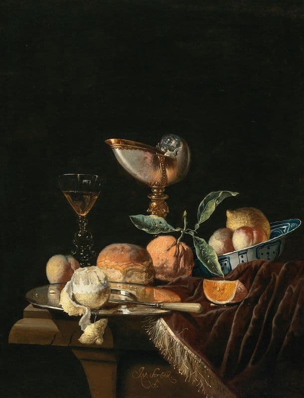 A Nautilus cup, a Wan-Li Kraak porcelain bowl with mixed fruit, a silver salver and a glass of wine on a stone table with a velvet cover as a canvas print