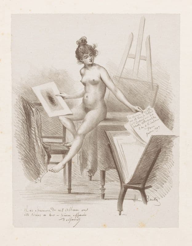 A nude model looks at prints as a canvas print
