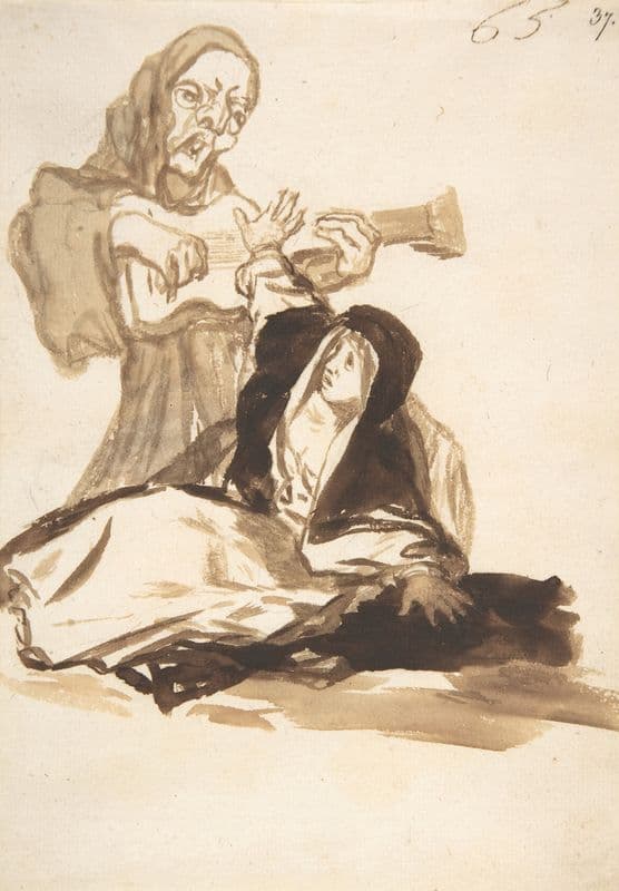 A nun frightened by a ghost playing a guitar (ca. 1812–20) as a canvas print