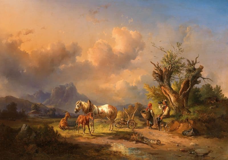 A Peasant Resting With Grazing Animals And A Foal as a canvas print