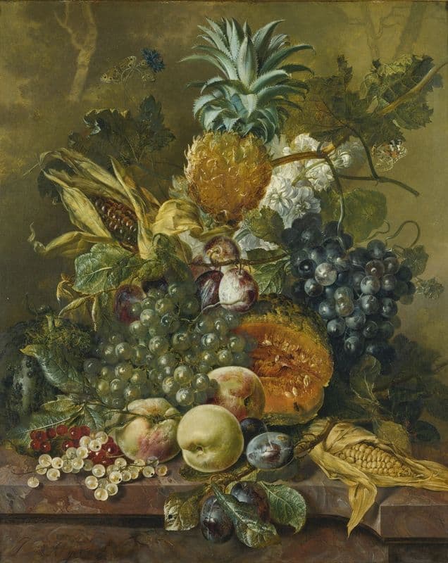 A pineapple, plums, grapes and other fruit with corn on a marble ledge as a canvas print