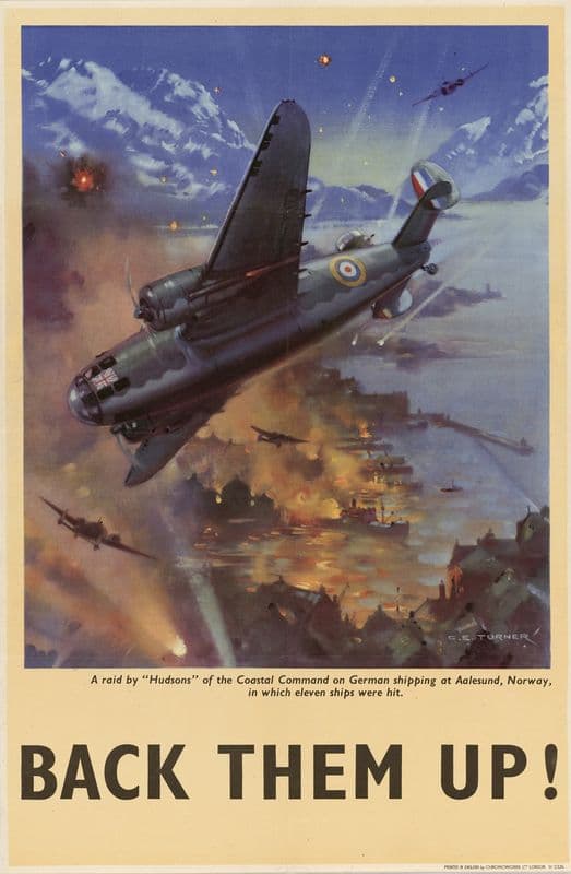 A Raid by ‘Hudsons’ of the Coastal Command on German Shipping at Aalesund, Norway, in which Eleven Ships were Hit – Back Them Up! as a canvas print