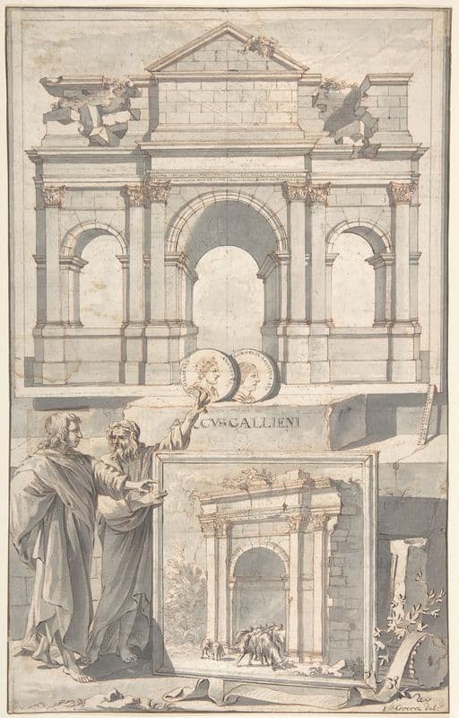 A Reconstruction of the Arch of Gallienus (above) and a View of the Ruins (below) (before 1704) as a canvas print