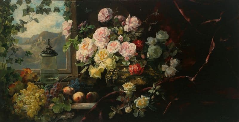 A Rich Bouquet of Flowers in a Brass Pot and Grapes before a Red Curtain as a canvas print