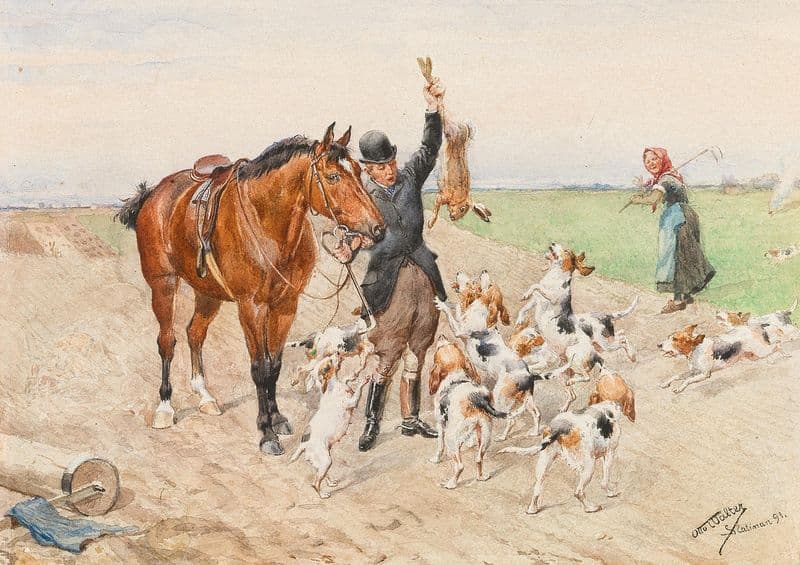 A rider with a dog pack on a field as a canvas print