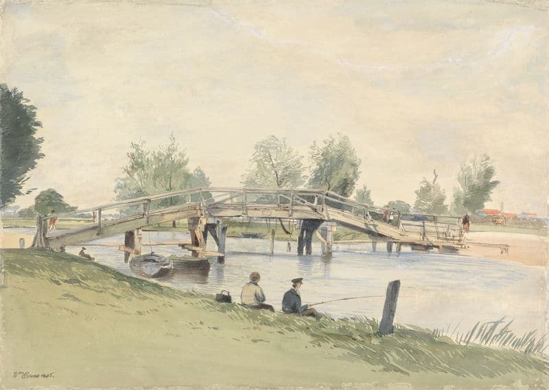 A Rustic Bridge over the Thames, Anglers on the River Bank as a canvas print