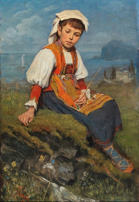 A Shepherd Girl Before A Coastal Landscape, as a canvas print