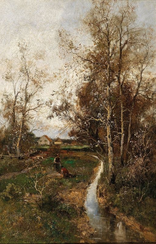 A Springtime Landscape with a Creek as a canvas print