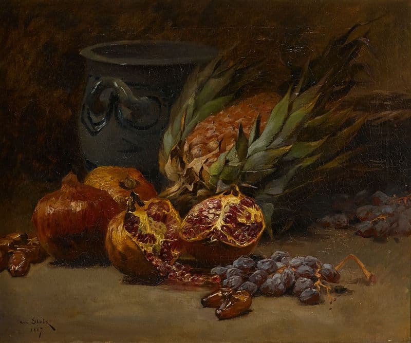 A still life with pomegranates and pineapple as a canvas print