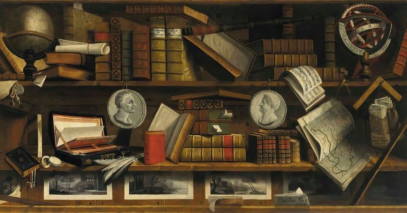 A trompe l’oeil of a collector’s study with engravings, drawings, letters and books as a canvas print