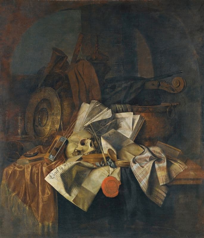 A Vanitas Still Life With A Skull, A Shield, An Hour Glass, Books And Papers On A Tabletop as a canvas print