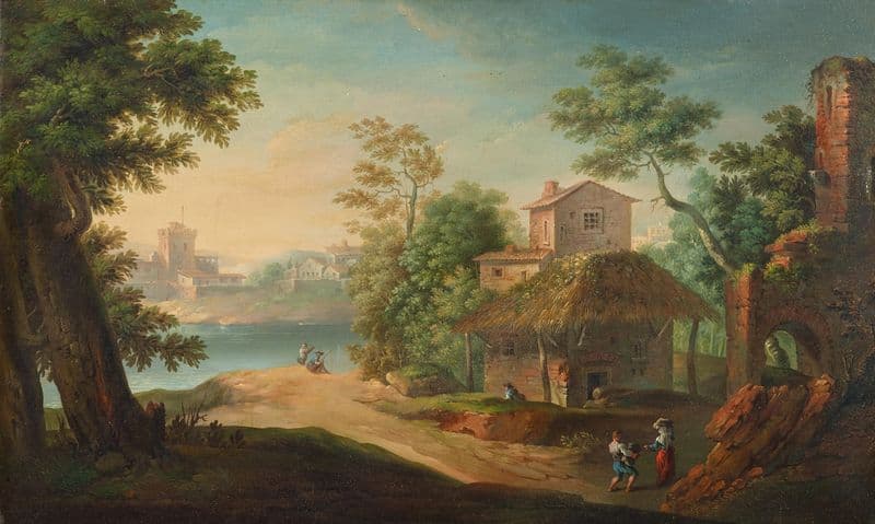 A village by a river with anglers and peasants as a canvas print