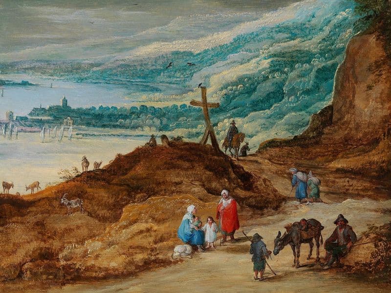 A wide mountainous landscape with travellers as a canvas print