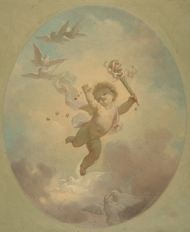 A winged putto and turtle doves (19th Century) as a canvas print