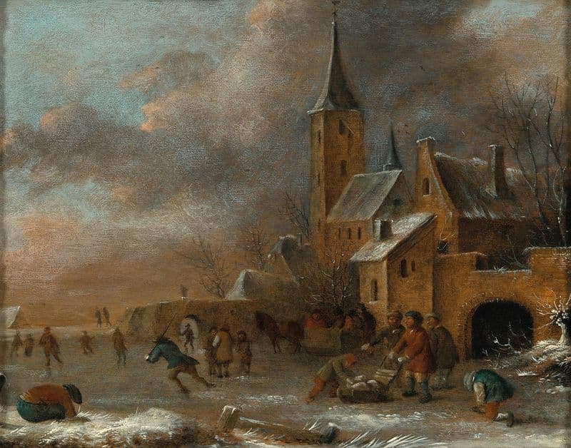 A winter landscape with skaters on the ice as a canvas print