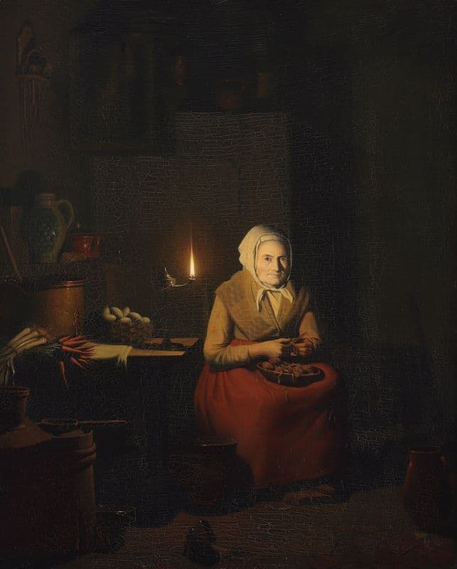A Woman Preparing a Meal by Candlelight as a canvas print