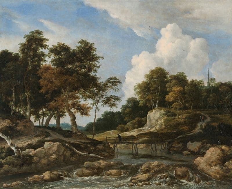 A Wooded River Landscape With A Bridge, A Church Beyond as a canvas print