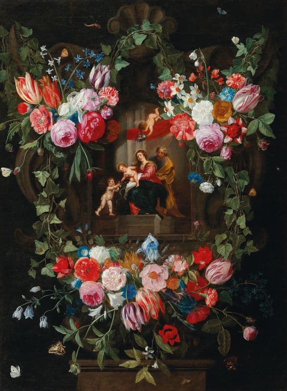 A wreath of flowers surrounding a cartouche with the Holy Family and putti as a canvas print