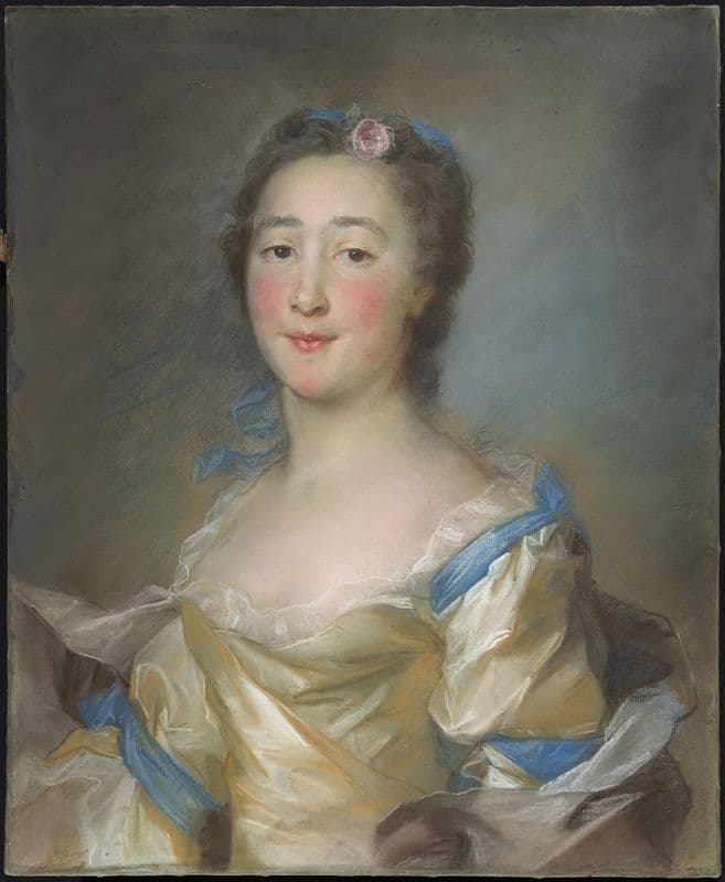 A Young Lady in a Yellow Gown with Blue Ribbons (c. 1767) as a canvas print