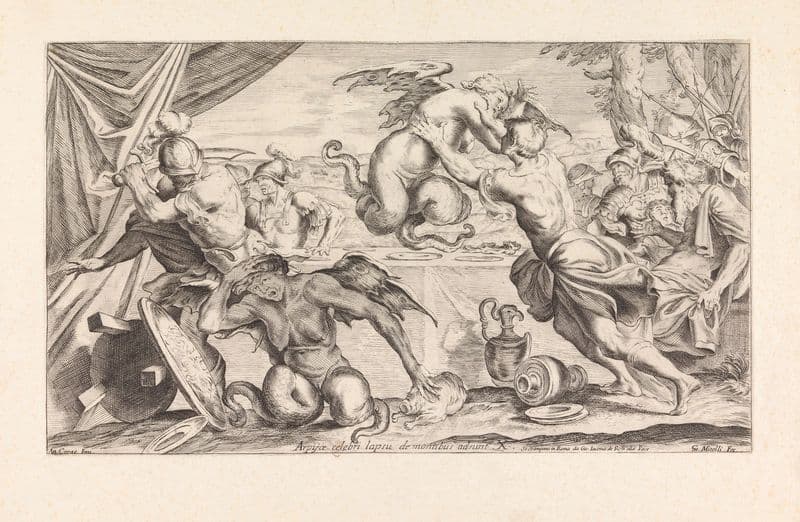 Aeneas and his army fighting the harpies (Arpijae celebri lapsu de montibus adsunt) as a canvas print