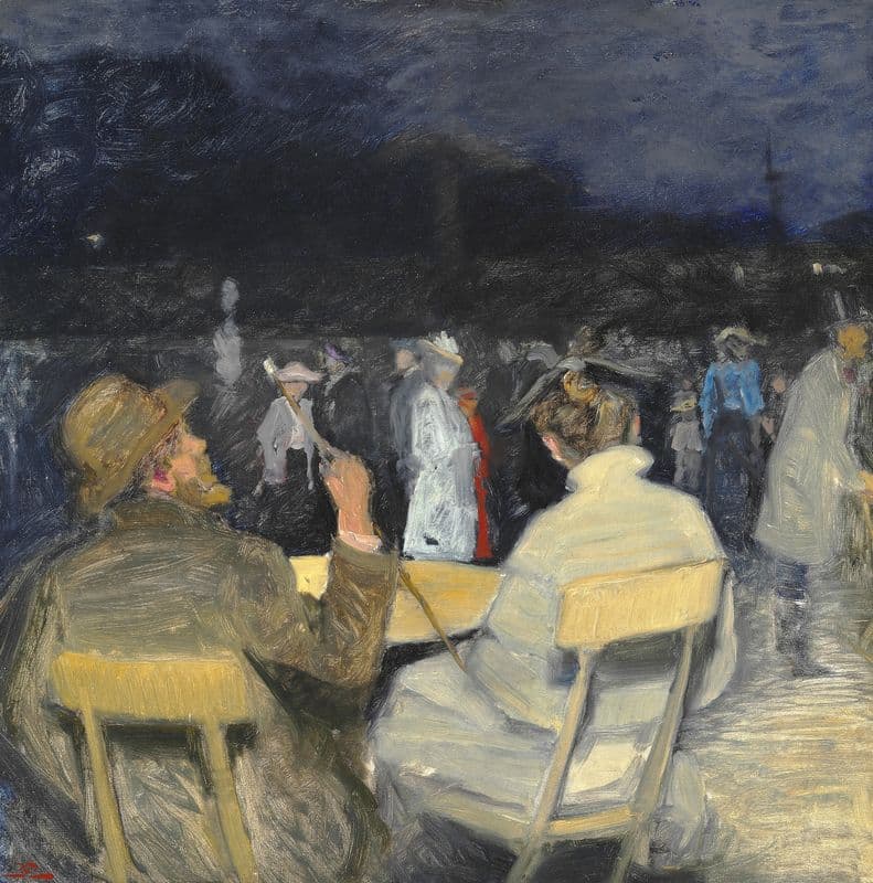 Aftenstemning i en park i Paris. I forgrunden sidder et par og betragter menneskemylderet foran sig as a canvas print