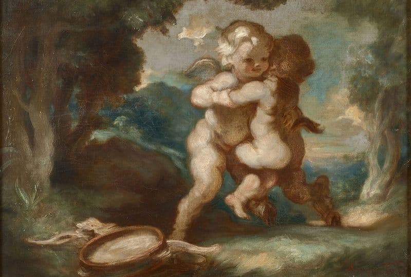 Amour ailé lutinant avec jeune faune as a canvas print